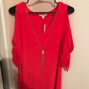 New with tags. Coral cold shoulder dress. Size 16.